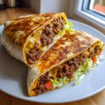 Two halves of a perfectly grilled keto crunch wraps filled with seasoned ground beef, melted cheese, lettuce, and tomato.