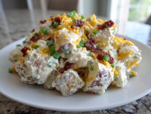 A mound of amazing loaded baked potato salad coated in creamy dressing, topped with bacon bits, shredded cheddar cheese, and green onions.