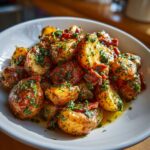 A close-up of glistening, roasted potato salad pieces tossed in oil and topped generously with fresh green parsley.
