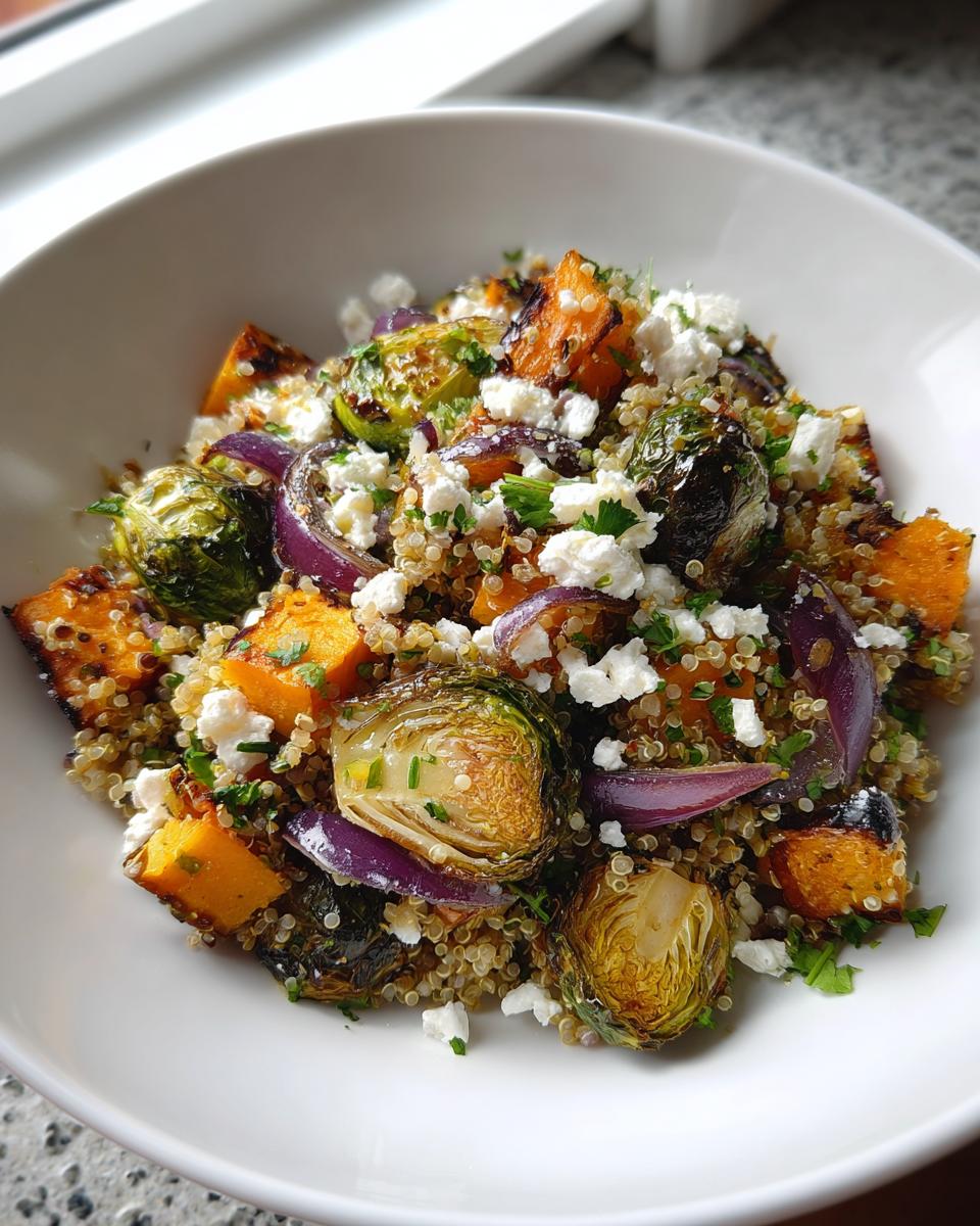 A bowl of amazing roasted vegetable salad featuring quinoa, roasted butternut squash, Brussels sprouts, red onion, and crumbled feta cheese.