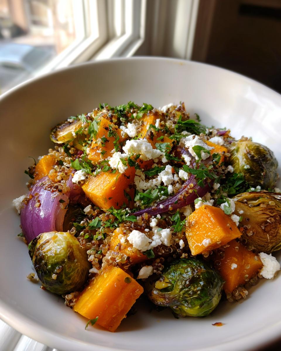 A bowl featuring an amazing roasted vegetable salad with butternut squash, Brussels sprouts, red onion, quinoa, and feta cheese.