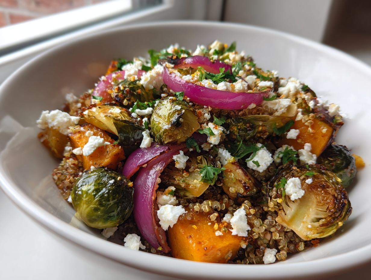 A white bowl filled with a colorful roasted vegetable salad featuring Brussels sprouts, butternut squash, red onion, and feta over quinoa.