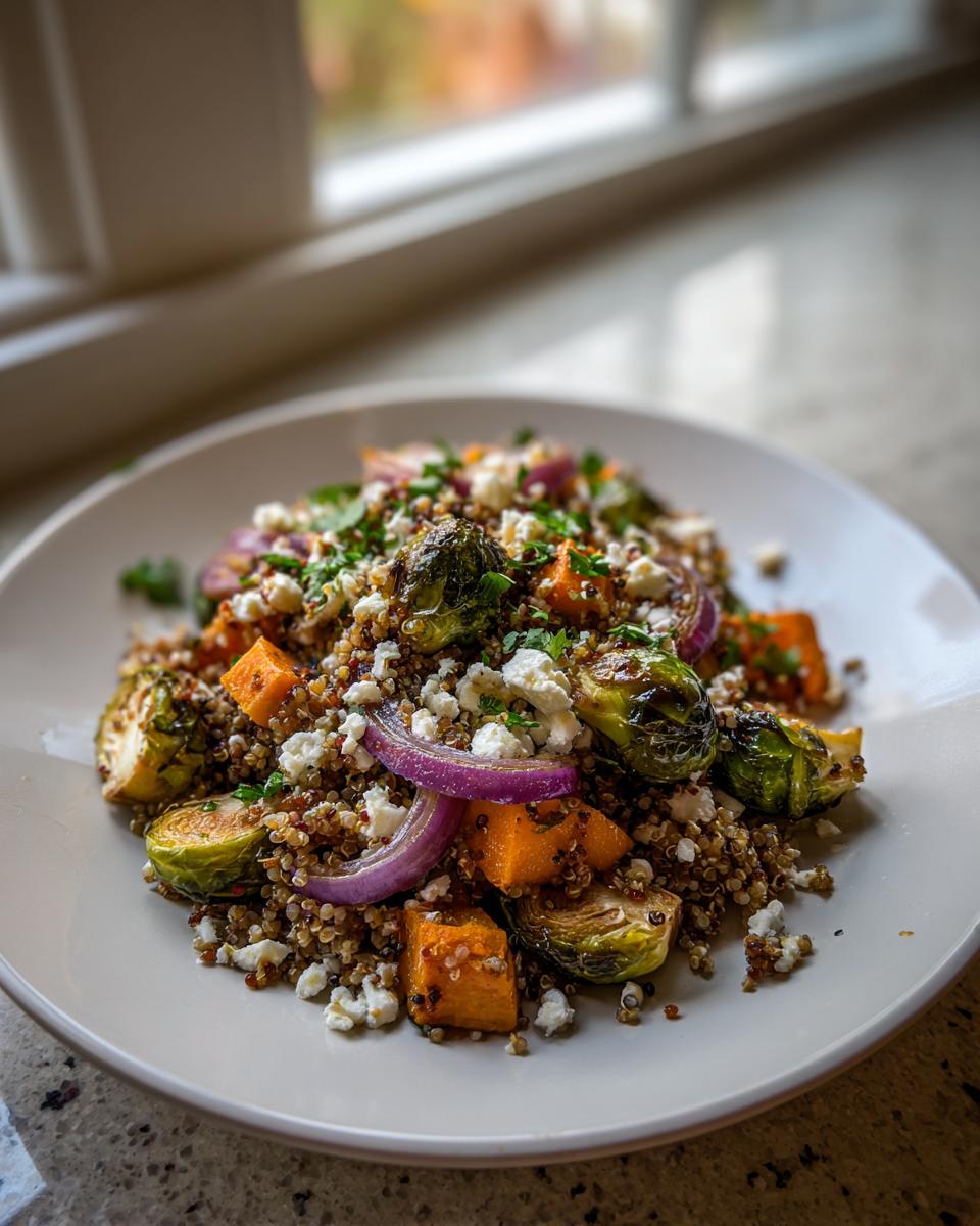A close-up of a vibrant roasted vegetable salad featuring quinoa, Brussels sprouts, sweet potato, red onion, and feta cheese.