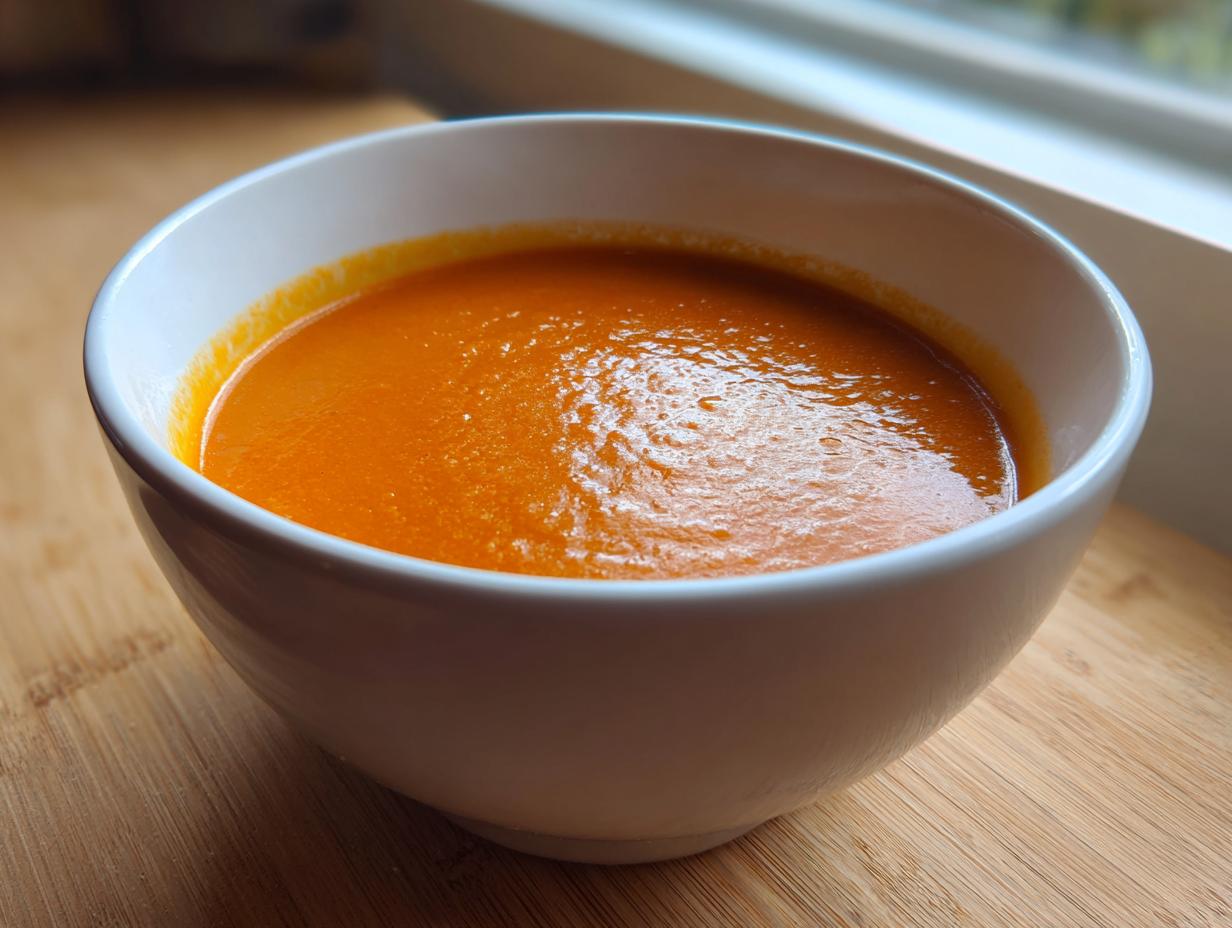 A close-up of a creamy, vibrant orange roasted vegetable soup served in a white bowl on a wooden surface.