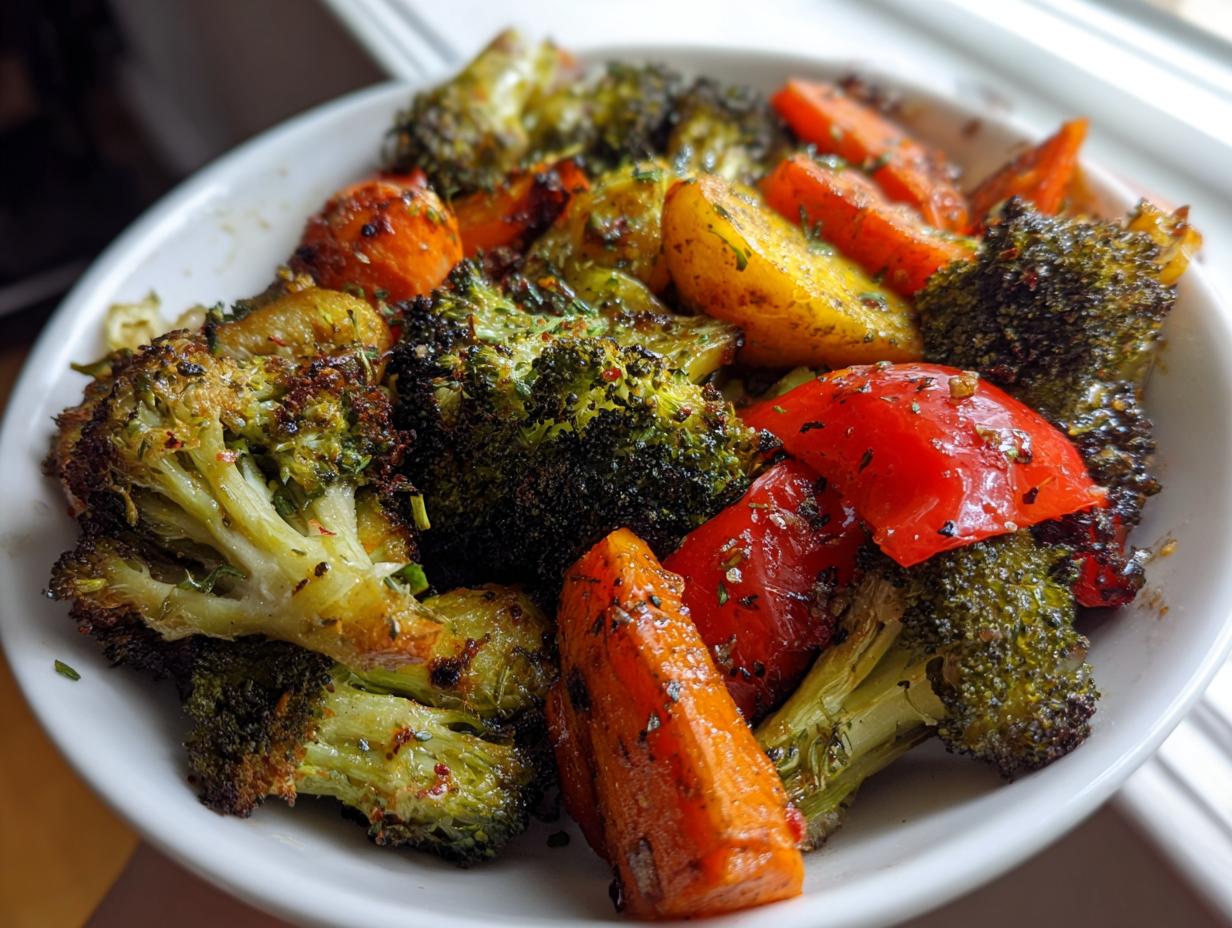 Close-up of perfectly seasoned roasted vegetables including broccoli, carrots, and red peppers in a white bowl.