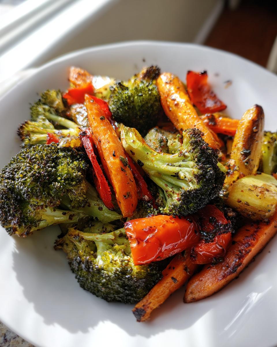 A close-up of perfectly seasoned and charred roasted vegetables, including broccoli florets, carrots, and red peppers, served on a white plate.