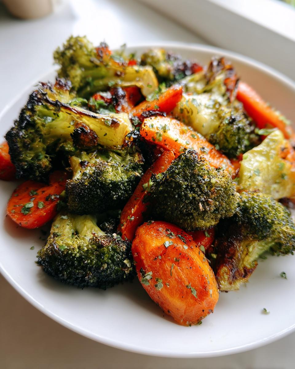 Close-up of perfectly roasted vegetables, featuring caramelized broccoli florets and bright orange carrots, seasoned with herbs.