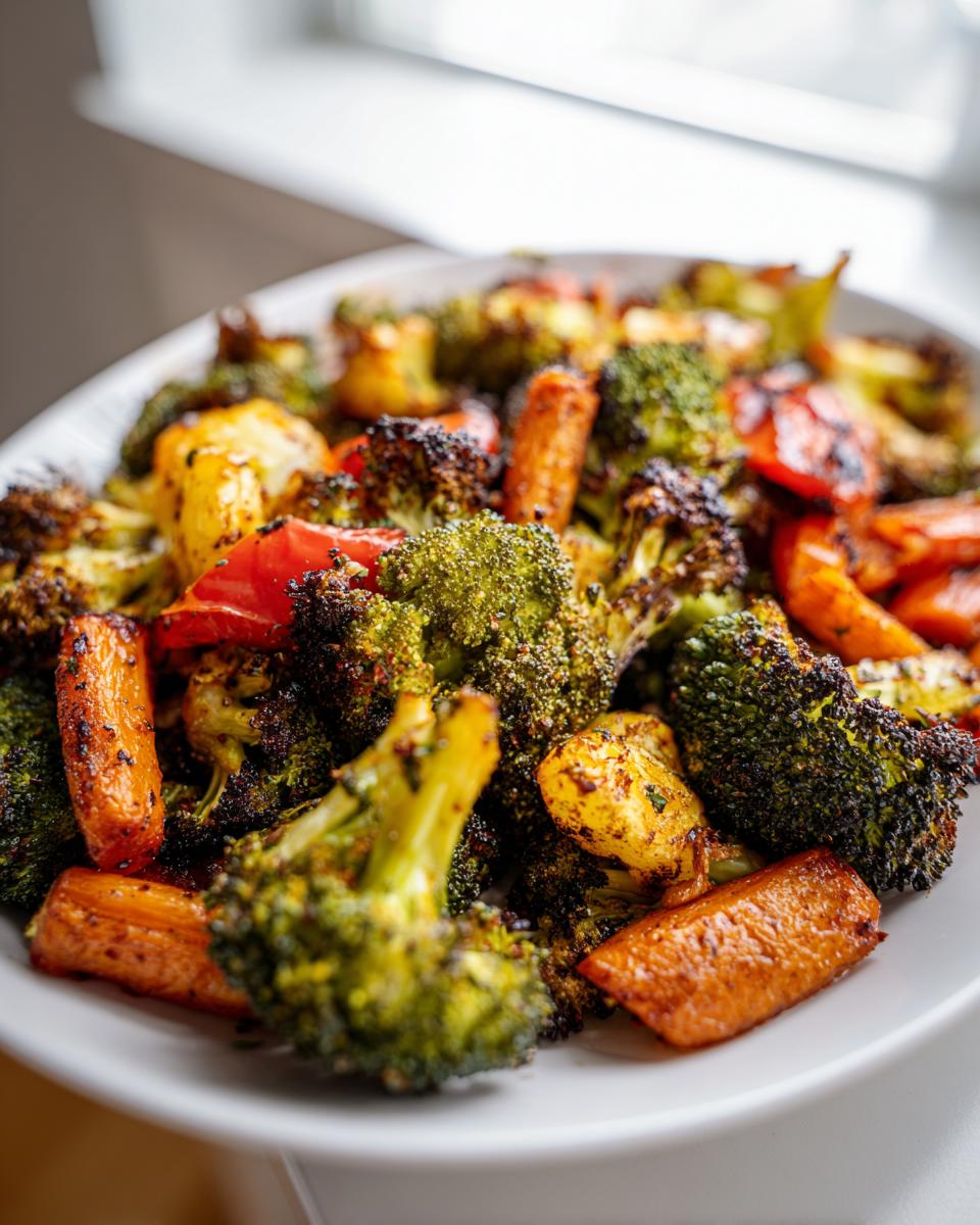 Close-up of vibrant, perfectly seasoned roasted vegetables including broccoli, carrots, and peppers served on a white platter.