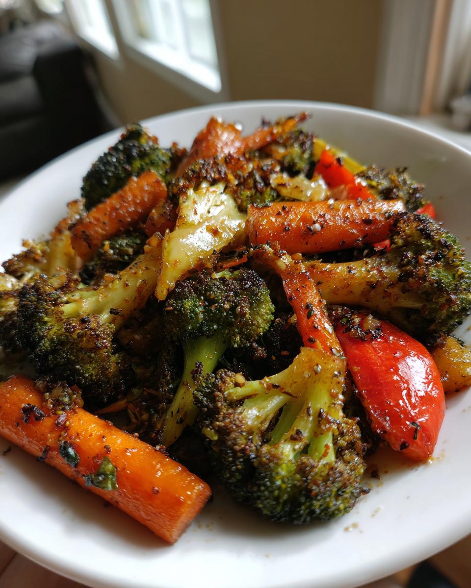 Close-up of perfectly seasoned roasted vegetables including dark, crispy broccoli florets and bright orange carrots.