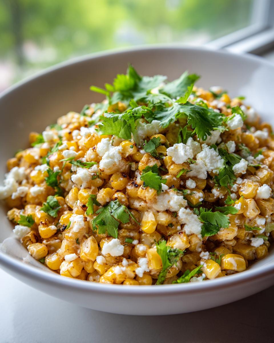 A close-up of amazing street corn salad featuring charred corn kernels topped with crumbled white cheese and fresh cilantro.