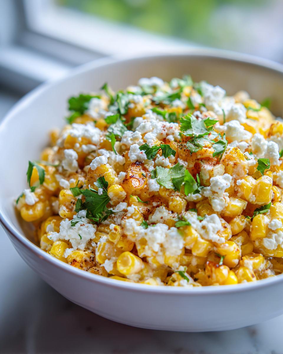 Close-up of amazing street corn salad featuring charred corn kernels topped with crumbled white cheese and fresh cilantro.