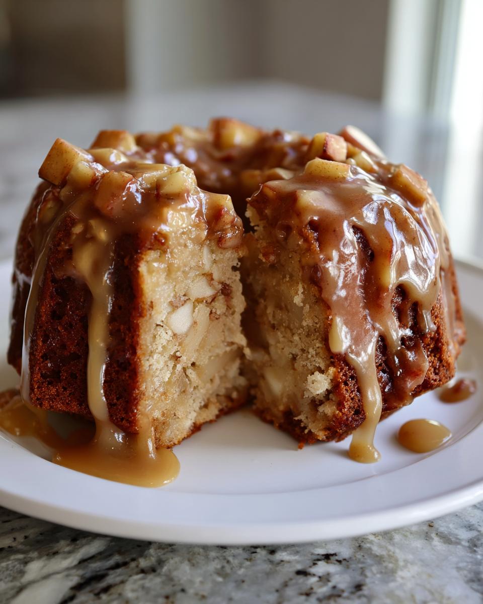 A slice cut from a small bundt-style apple amaretto cake, topped with caramel sauce and diced apples.