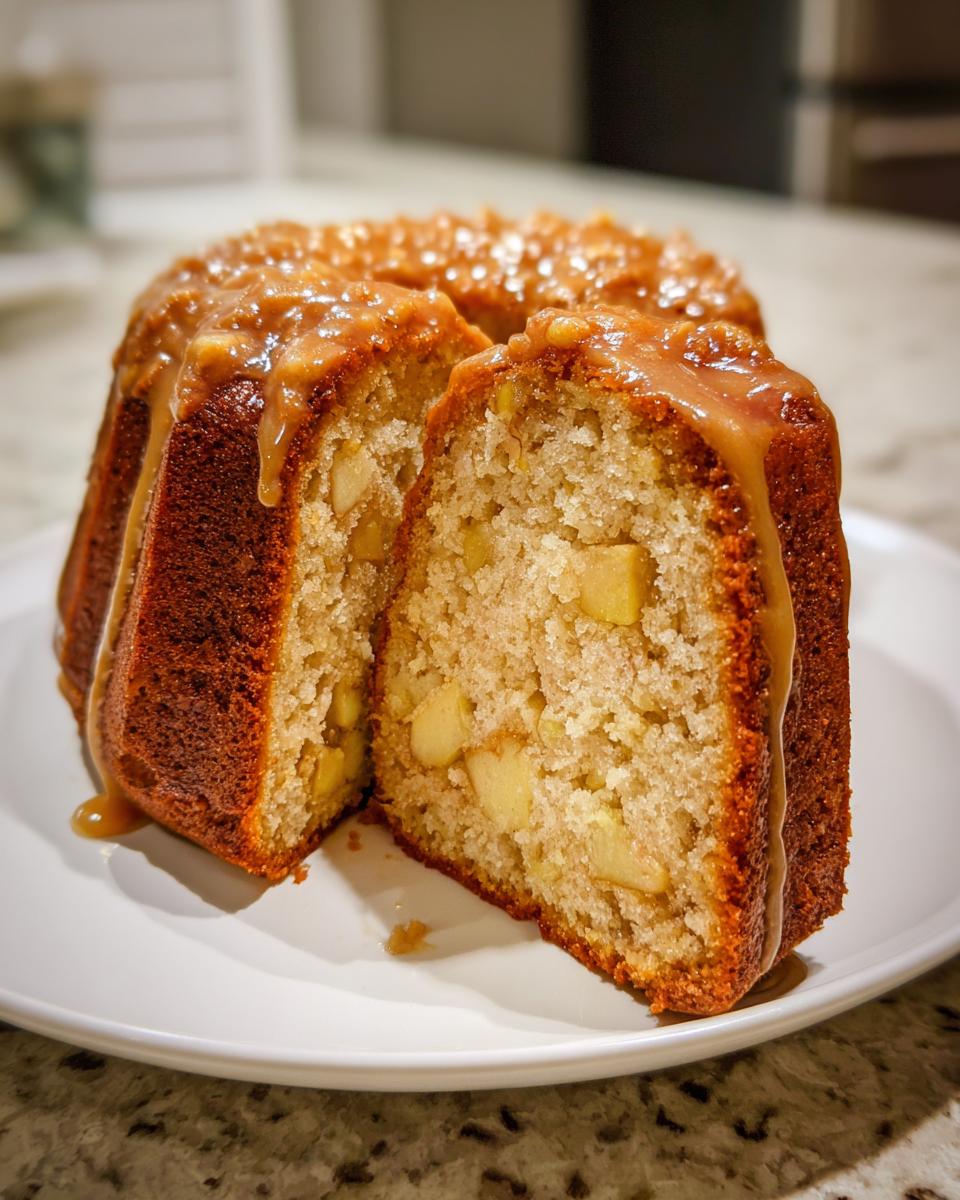 A slice cut from a bundt-style apple amaretto cake, showing chunks of apple inside and covered in caramel glaze.