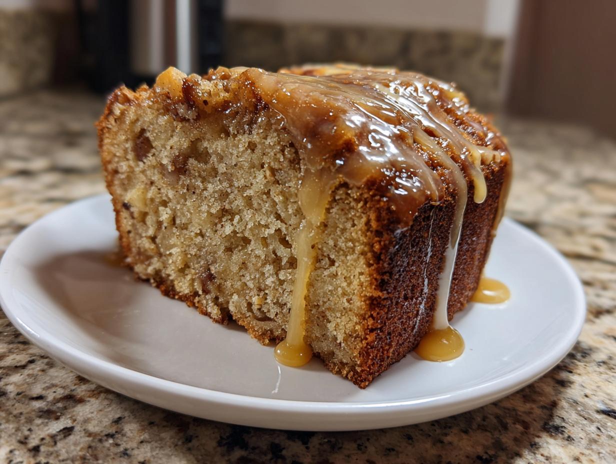 A close-up of a moist slice of apple amaretto cake topped with a rich, dripping caramel glaze.