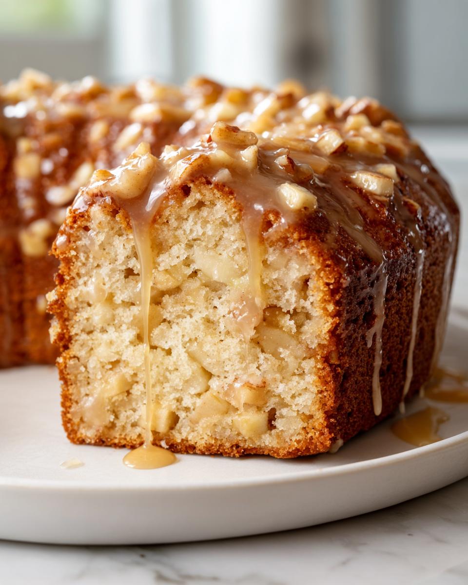 Close-up of a slice of moist apple amaretto cake showing chunks of apple inside, topped with caramel glaze and chopped nuts.