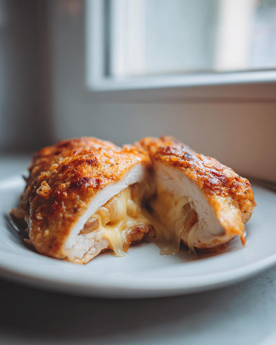 Cross-section of a golden-brown apple and brie stuffed chicken breast showing melted cheese oozing out.