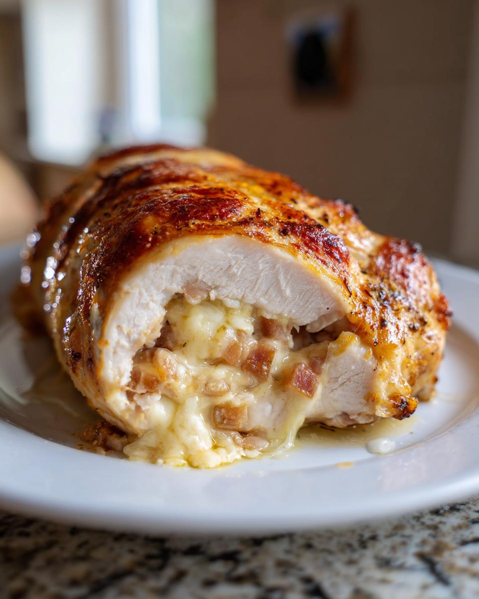 Cross-section of baked apple and brie stuffed chicken showing melted brie cheese and diced filling oozing out.