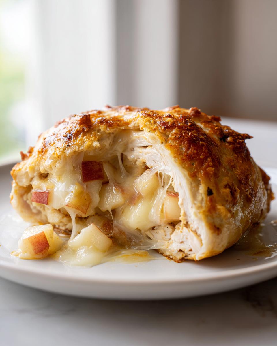 Cross-section of baked apple and brie stuffed chicken showing melted brie cheese stretching between chunks of apple.