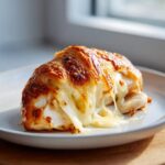 A juicy piece of apple and brie stuffed chicken with golden-brown, melted brie cheese oozing out.