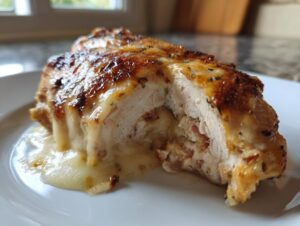 Cross-section of golden-brown apple and brie stuffed chicken showing melted brie oozing onto a white plate.
