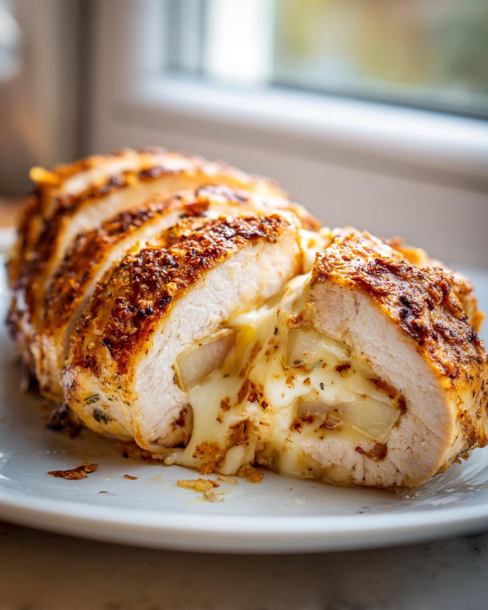 Close-up of sliced apple and brie stuffed chicken breast showing melted cheese oozing out.