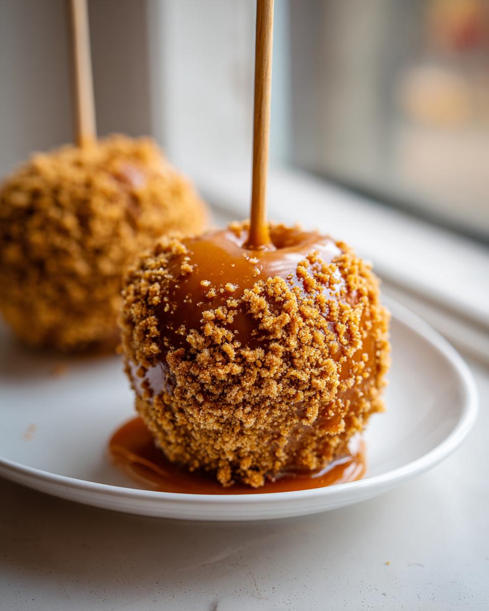 A close-up of one decadent apple pie caramel apples coated in thick caramel and covered in graham cracker crumbs, resting on a white plate.