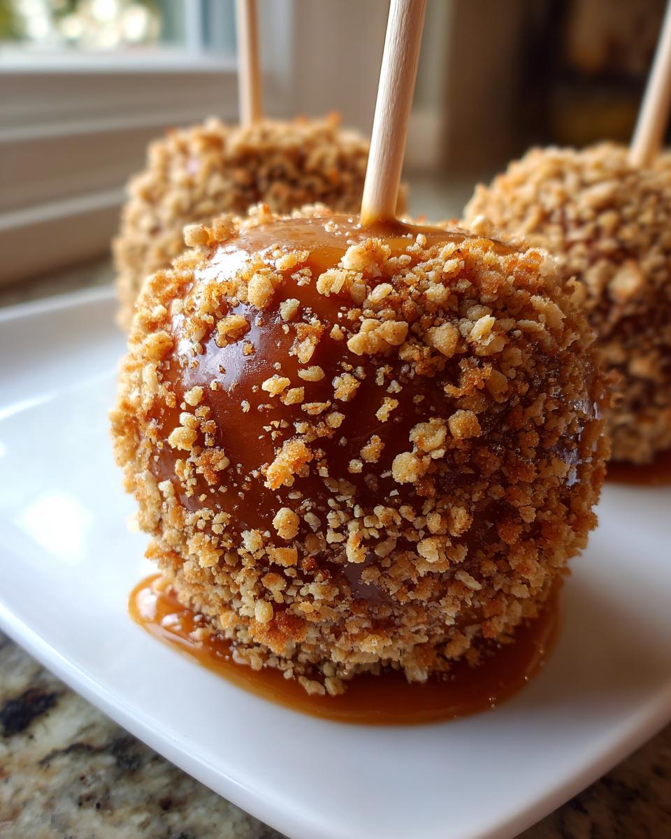 A close-up of a delicious apple pie caramel apples treat coated in crunchy topping, resting on a white plate.