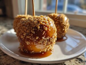 Close-up of three apple pie caramel apples coated in rich caramel and covered in a crunchy crumb topping, sitting on a white plate.