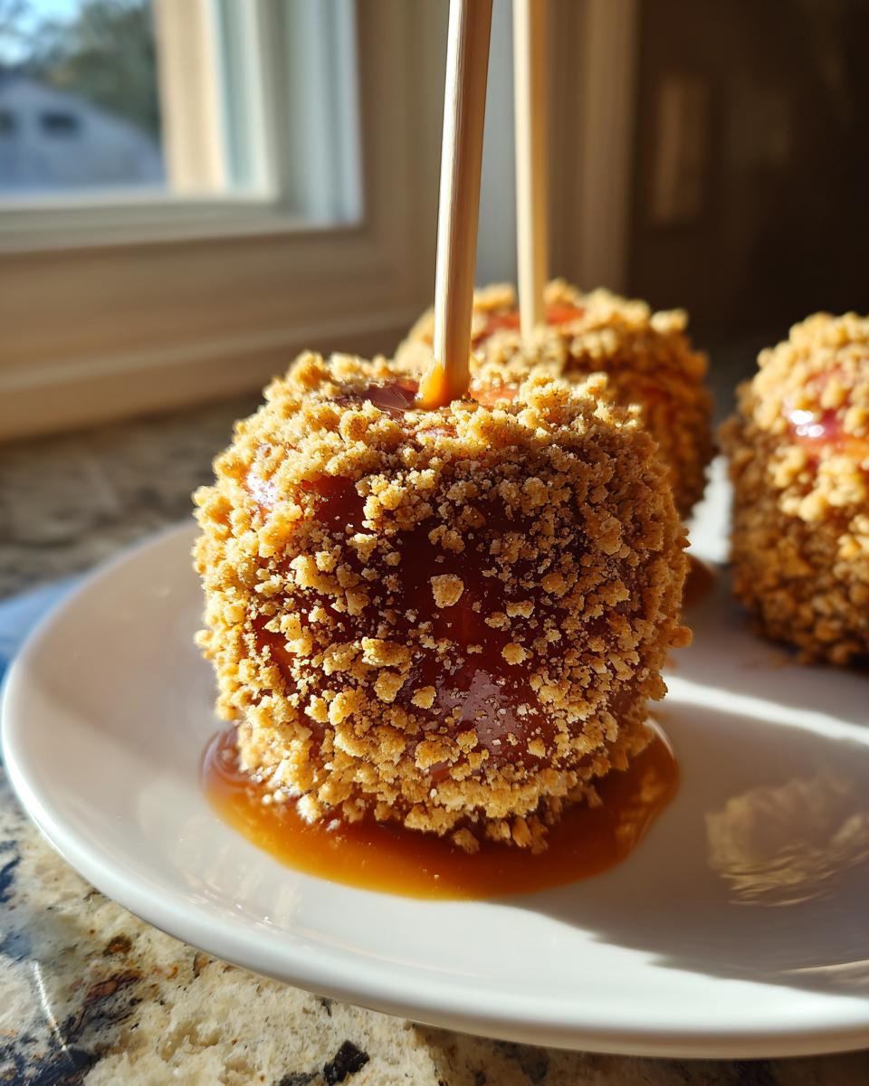 A close-up of one of the apple pie caramel apples coated in a thick layer of graham cracker crumbs, resting on a white plate.
