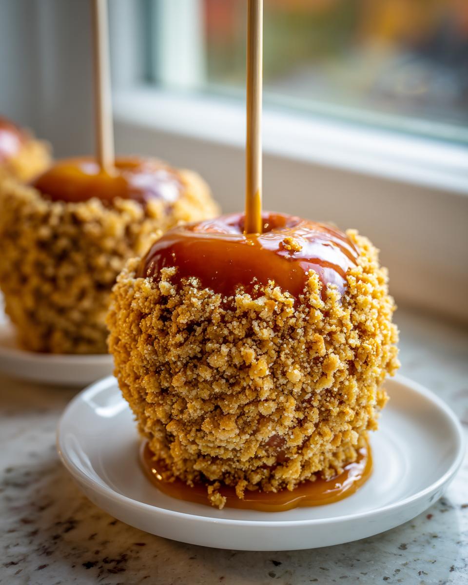 A close-up of a decadent apple pie caramel apples treat, coated in thick caramel and crunchy crumbs, sitting on a white plate.