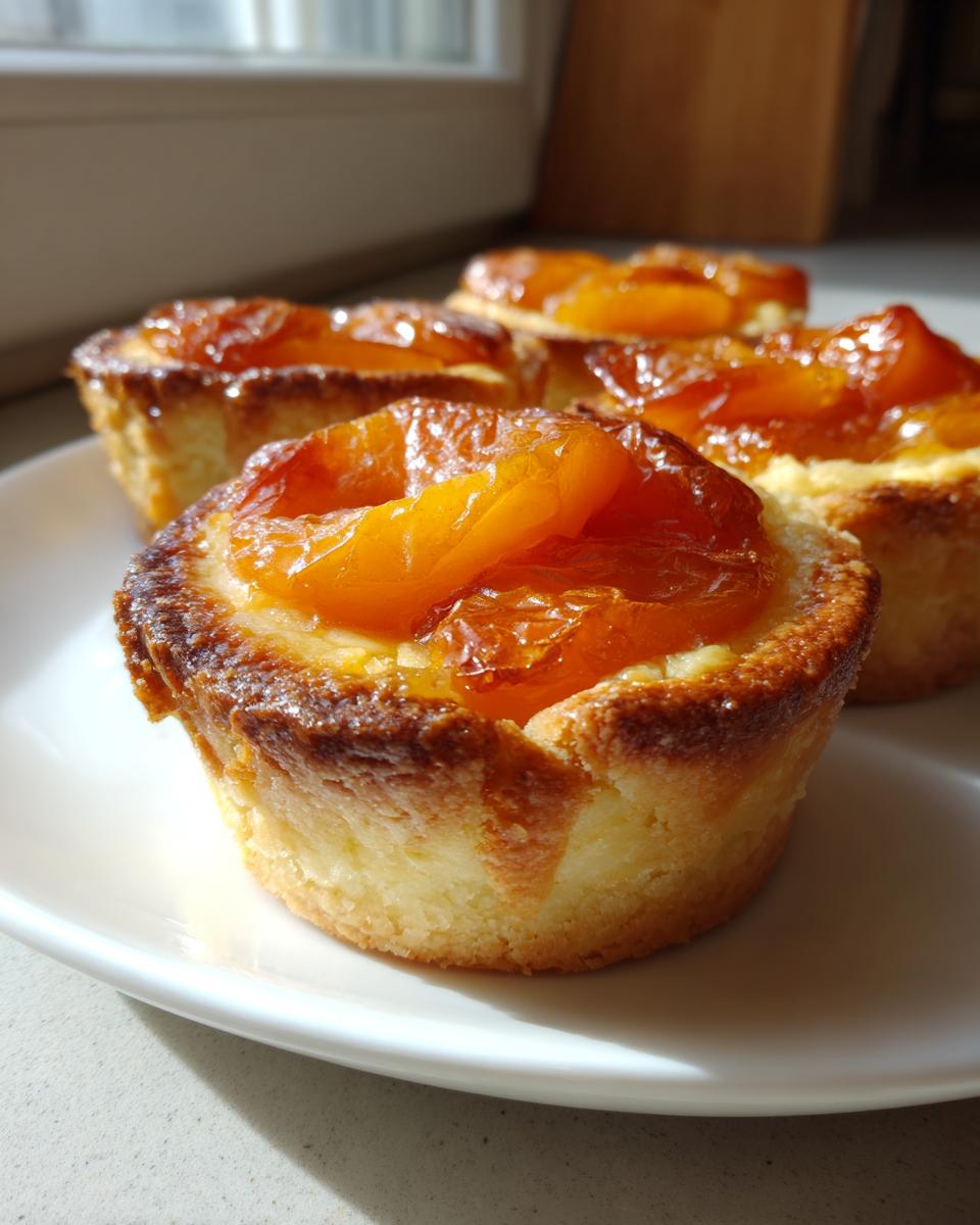 Close-up of freshly baked apricot-almond tartlets with caramelized apricot halves on top, sitting on a white plate.