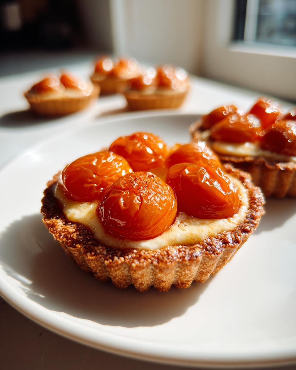 Close-up of a single apricot-almond tartlet with a golden crust and creamy filling topped with glazed apricot halves.