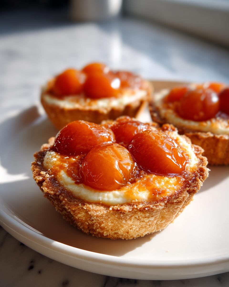 Close-up shot of a freshly baked apricot-almond tartlet featuring a crumbly crust, creamy filling, and glossy preserved apricots on top.