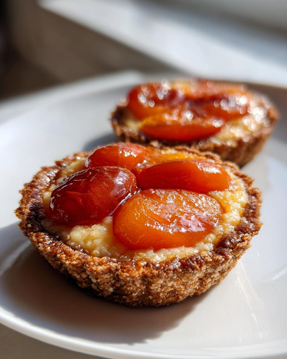 Two glistening apricot-almond tartlets with a thick, crumbly crust sitting on a white plate in bright sunlight.