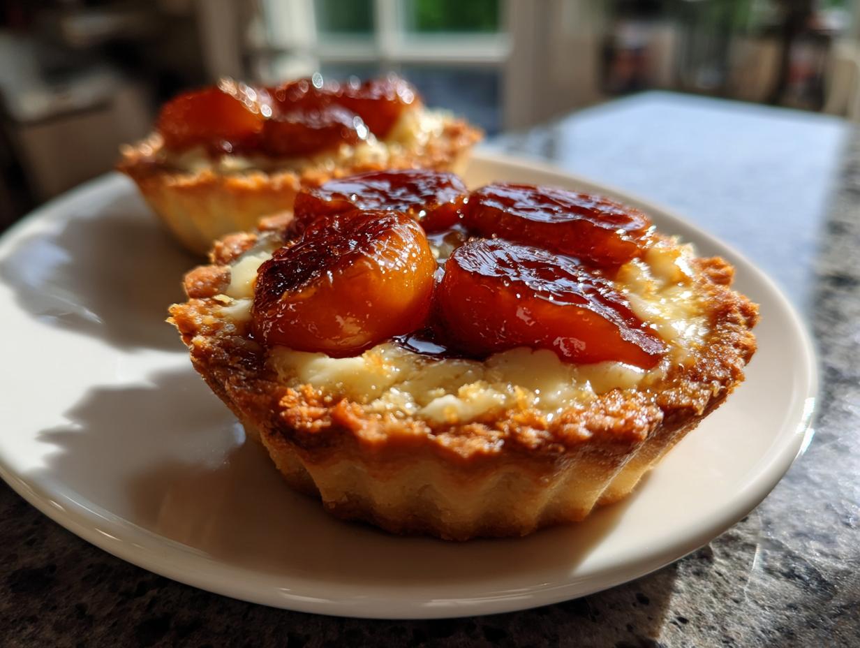 Close-up of two freshly baked apricot-almond tartlets featuring a golden crust, creamy filling, and shiny, glazed apricot halves.