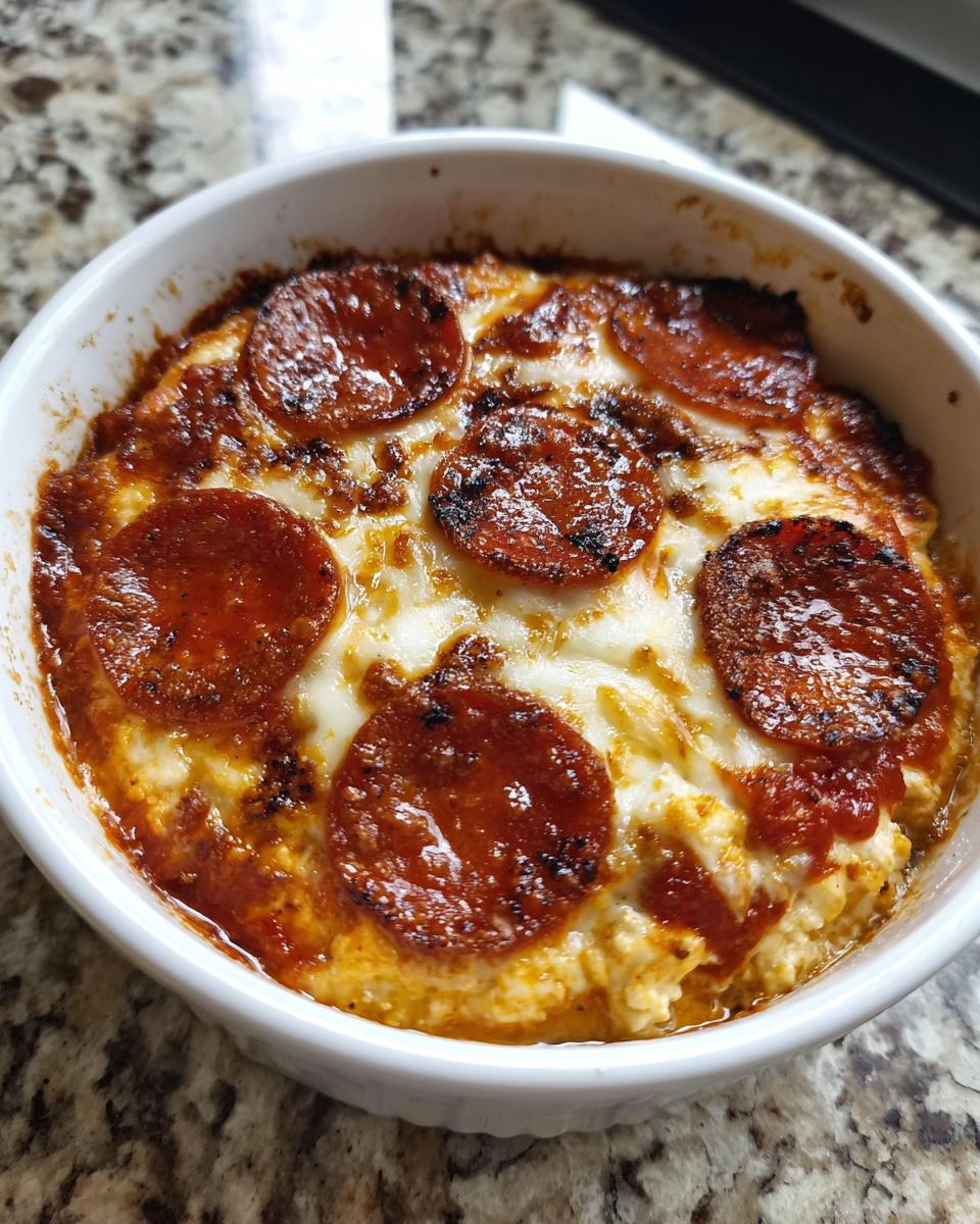 Close-up of a baked cottage cheese pizza bowl topped with melted cheese and crispy pepperoni slices.