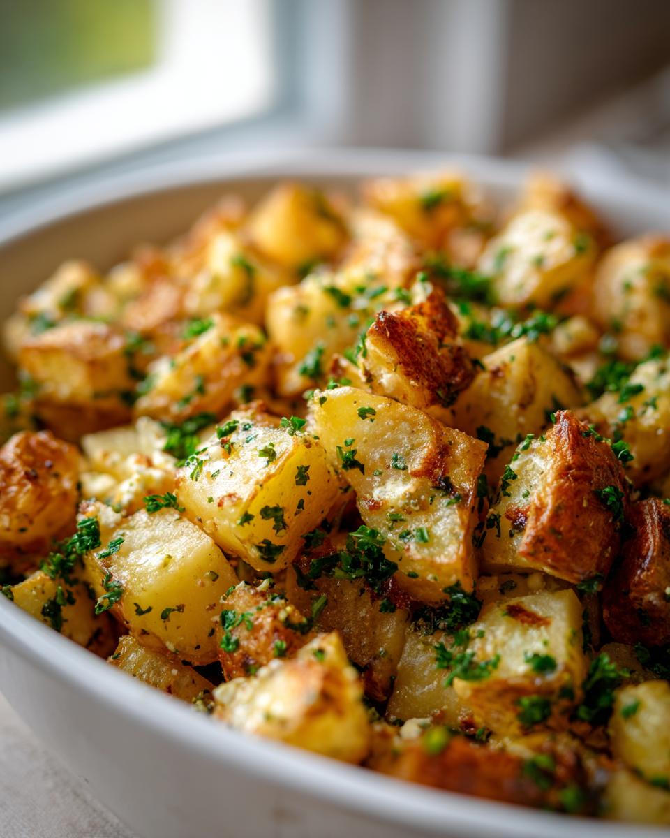 Close-up of golden, crispy baked feta potatoes tossed with fresh parsley in a white serving dish.