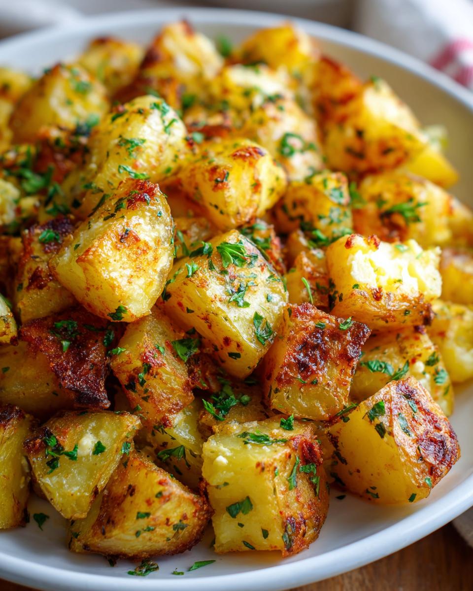 Close-up of perfectly roasted baked feta potatoes, golden brown and sprinkled with fresh green parsley.
