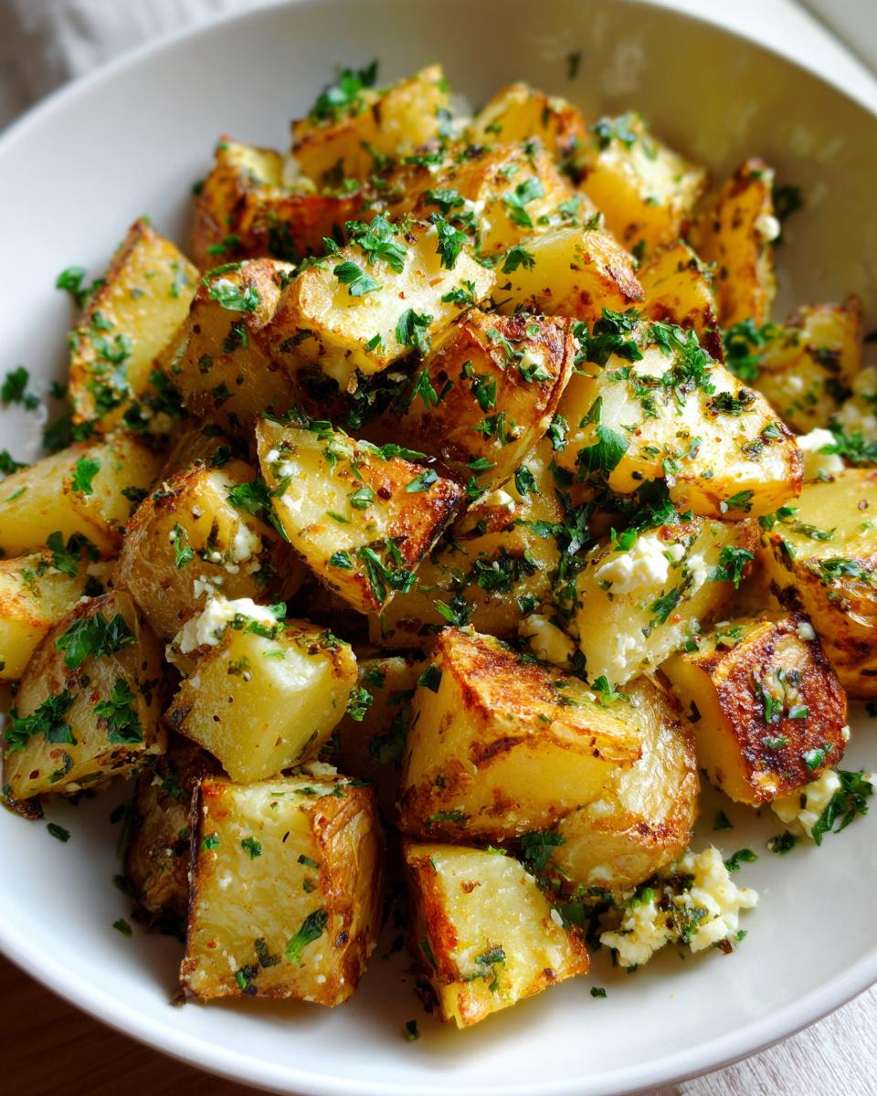 A close-up of golden roasted baked feta potatoes mixed with crumbled feta cheese and topped generously with fresh chopped parsley.