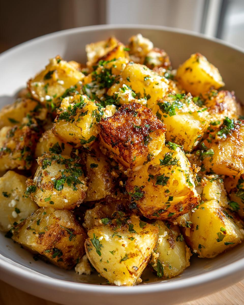 Close-up of golden brown baked feta potatoes tossed with fresh parsley in a light-colored bowl.