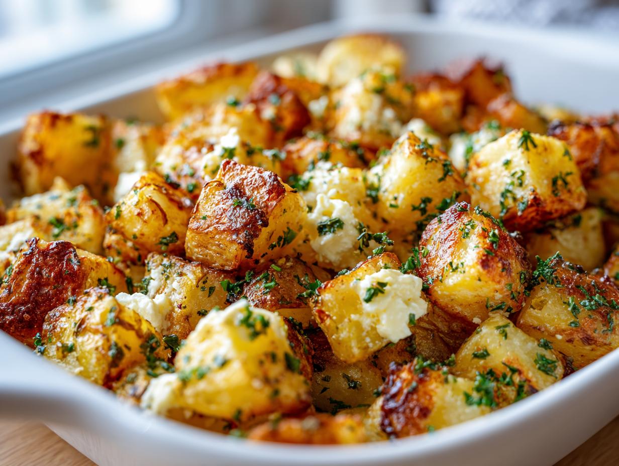 Close-up of golden, roasted cubes of baked feta potatoes topped with fresh parsley in a white serving dish.