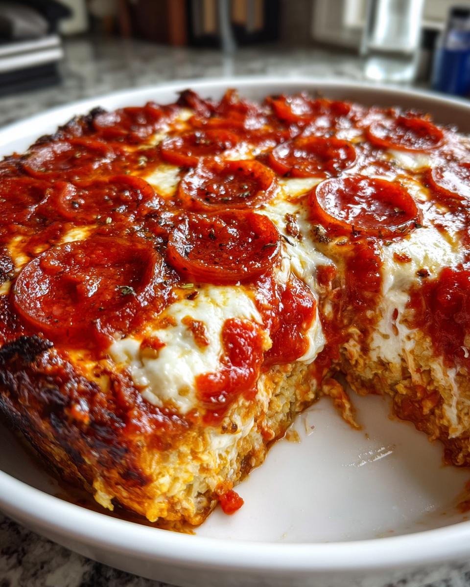 A baked, deep-dish style cottage cheese pizza bowl topped with melted mozzarella, rich tomato sauce, and pepperoni slices.