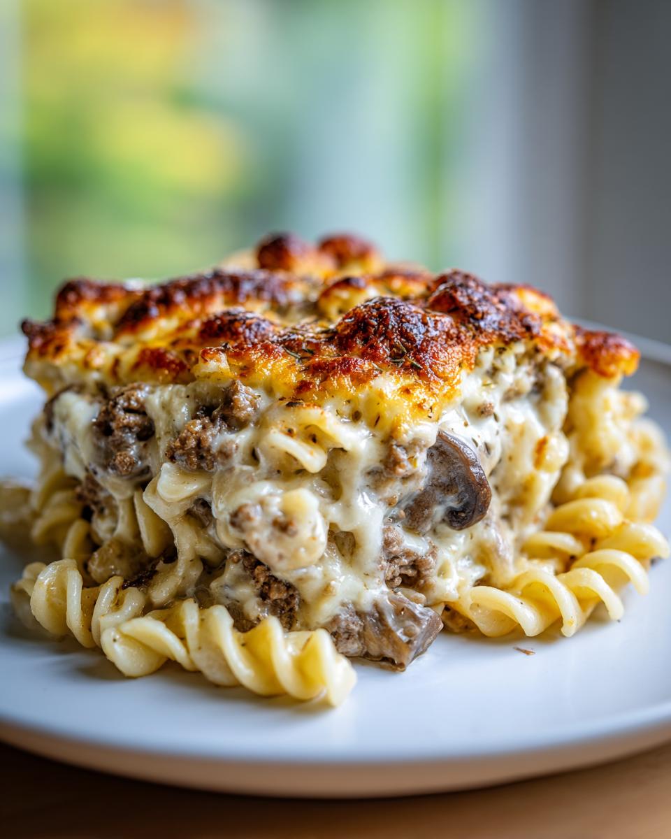 A close-up of a baked portion of Salisbury steak pasta featuring rotini pasta, ground beef, mushrooms, and a bubbly, browned cheese crust.