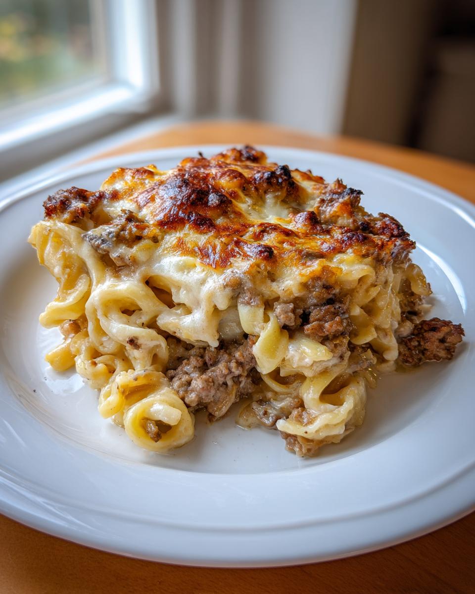 A hearty serving of baked Salisbury steak pasta with a browned, cheesy top layer.