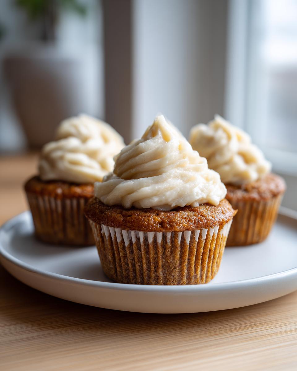 Three frosted banana cupcakes from box cake hack sitting on a white plate.