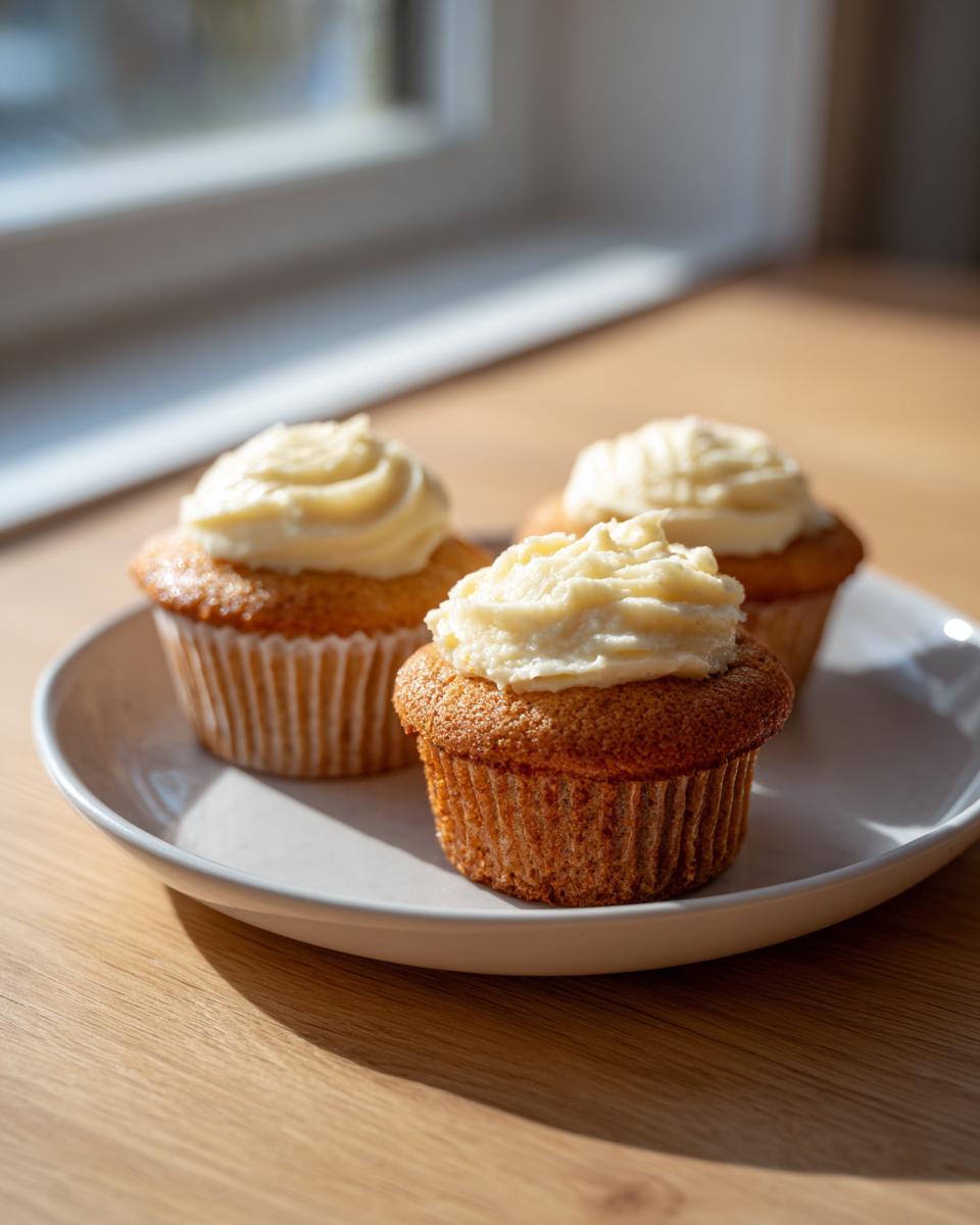 Three delicious banana cupcakes from box cake hack, topped with creamy white frosting, sitting on a plate.