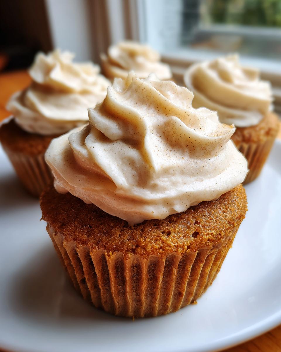 A close-up of one perfectly baked banana cupcake topped with thick, swirled cinnamon frosting.
