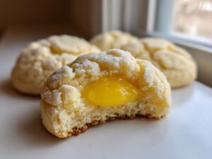 Close-up of a bitten lemon lavender thumbprint cookie showing the bright yellow lemon filling inside.