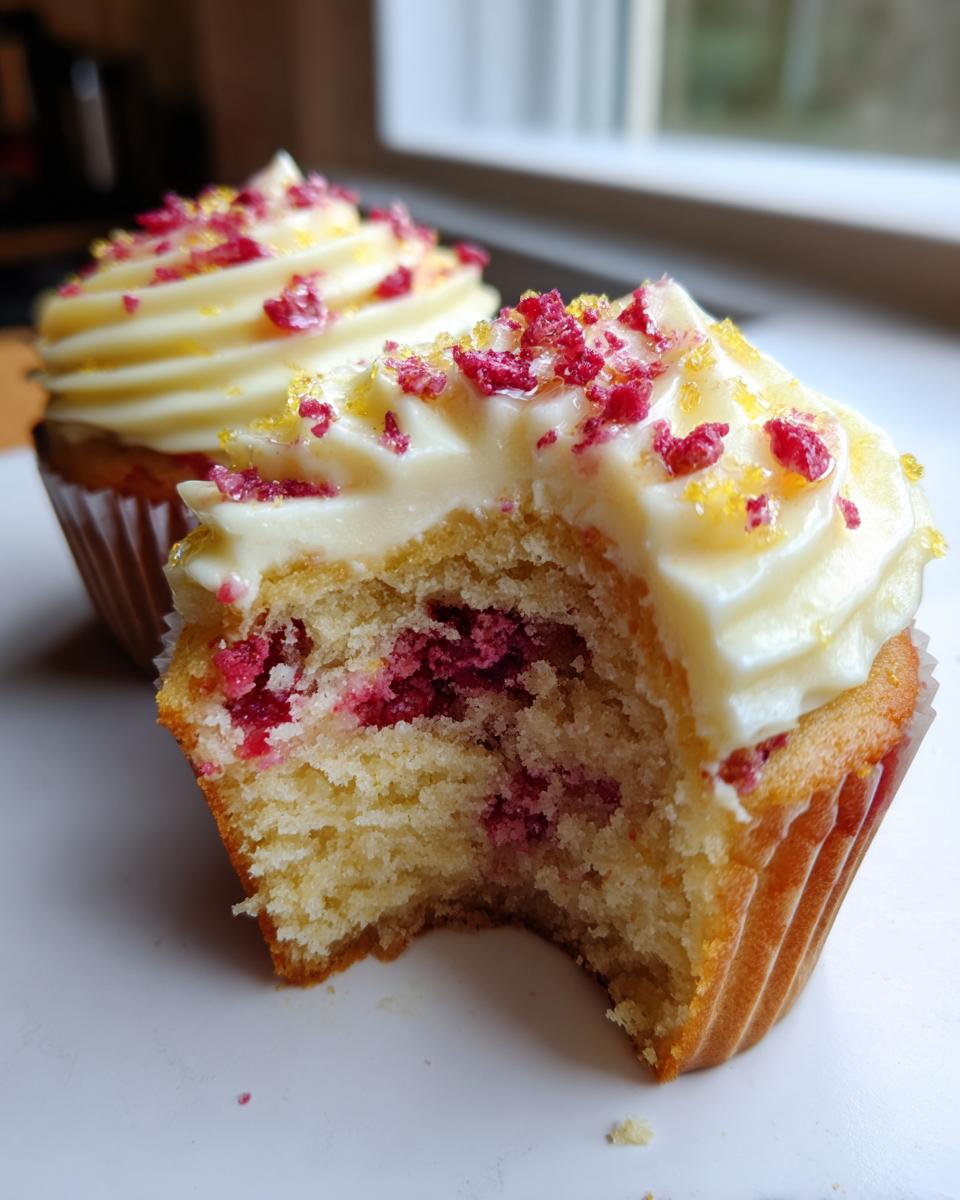 Close-up of a lemon raspberry cupcake with a bite taken out, showing raspberry filling and lemon frosting topped with sprinkles.