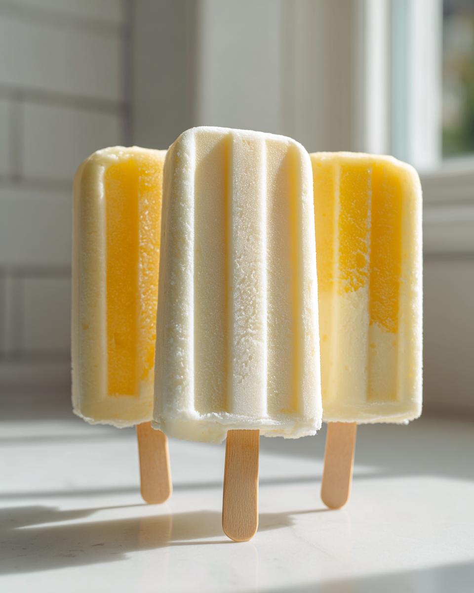 Three boozy piña colada ice pops standing upright on a white counter, one creamy white and two yellow-tinted.